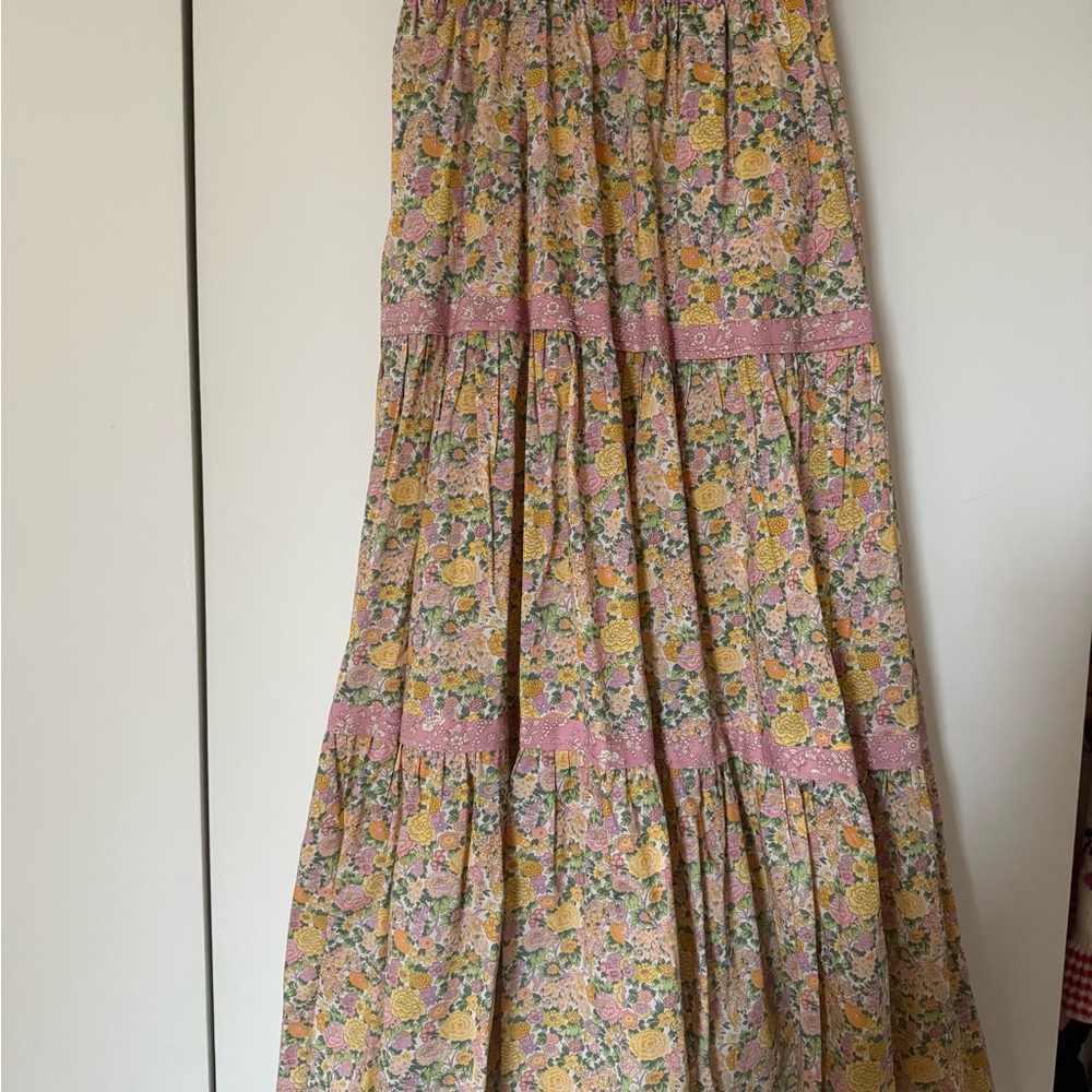 LoveShackFancy x Liberty Pink and Yellow Floral Tiered Maxi Skirt